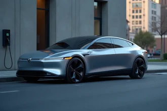 Voiture électrique futuriste branchée à une borne de recharge dans une rue urbaine moderne