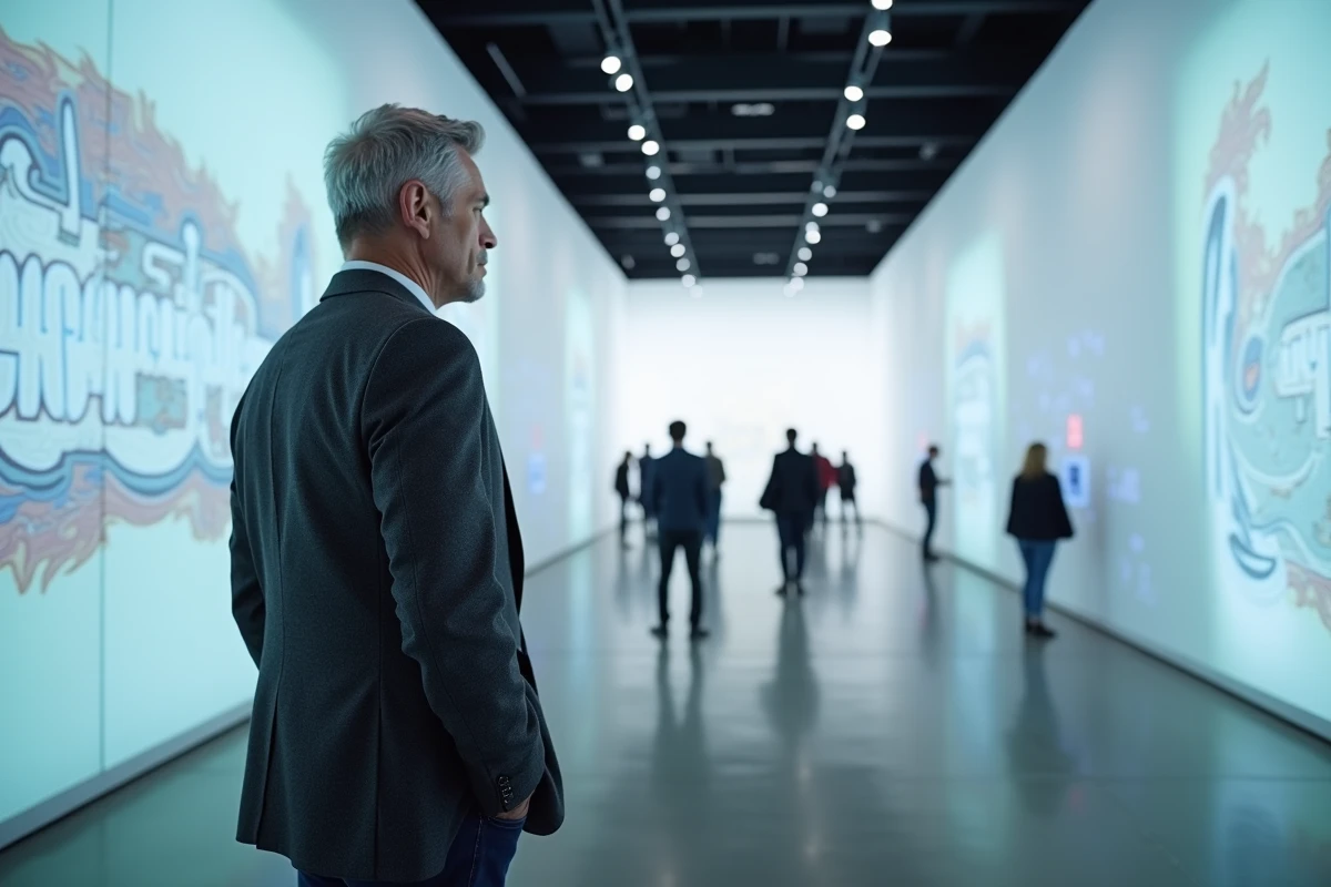 Homme admirant une installation d'art numérique dans une galerie d'art contemporain lors d'un vernissage