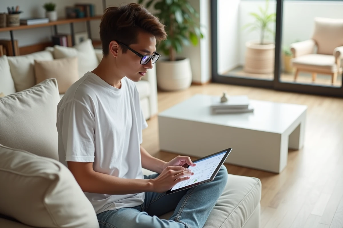 Jeune personne sur un canapé utilisant une tablette pour gérer et effacer l'historique ChatGPT dans les paramètres