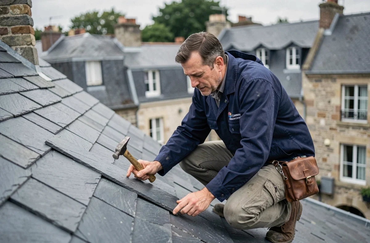 Couvreur professionnel de GP Toiture posant des ardoises sur un toit breton traditionnel à Rennes