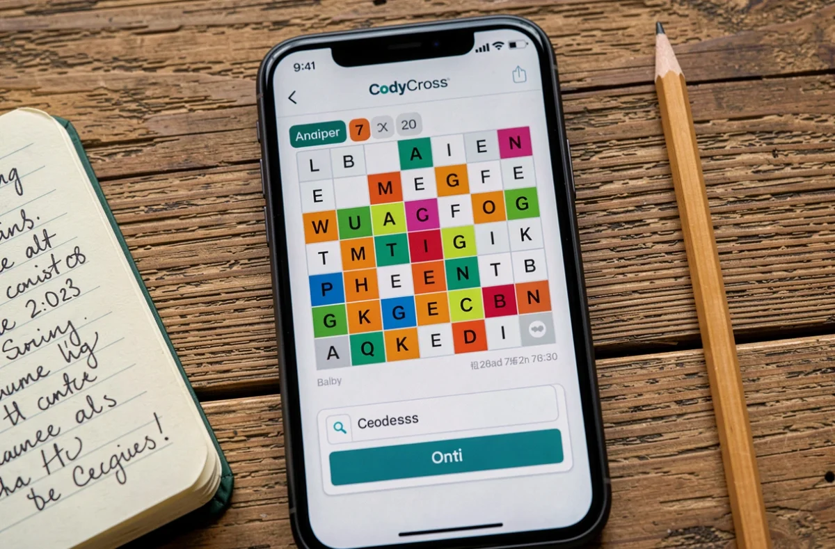 Vue aérienne d'un smartphone affichant une grille CodyCross avec notes manuscrites et crayon sur table en bois