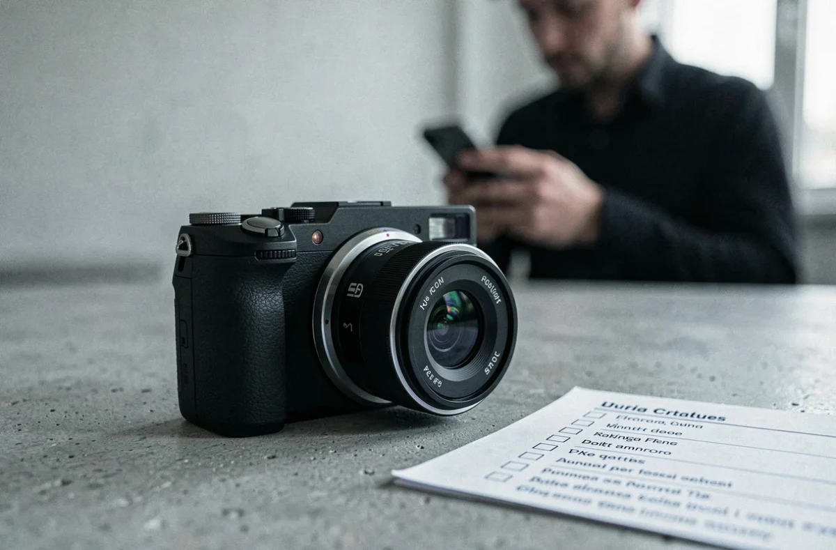 Gros plan d'un appareil photo compact posé sur un bureau avec une checklist d'achat pour débutant