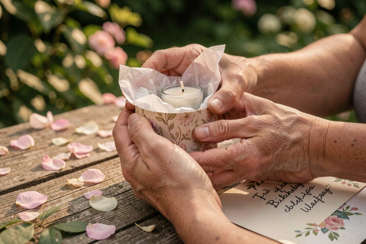 Gros plan de mains tenant un sac cadeau d'anniversaire avec bougie et carte manuscrite sur table en bois
