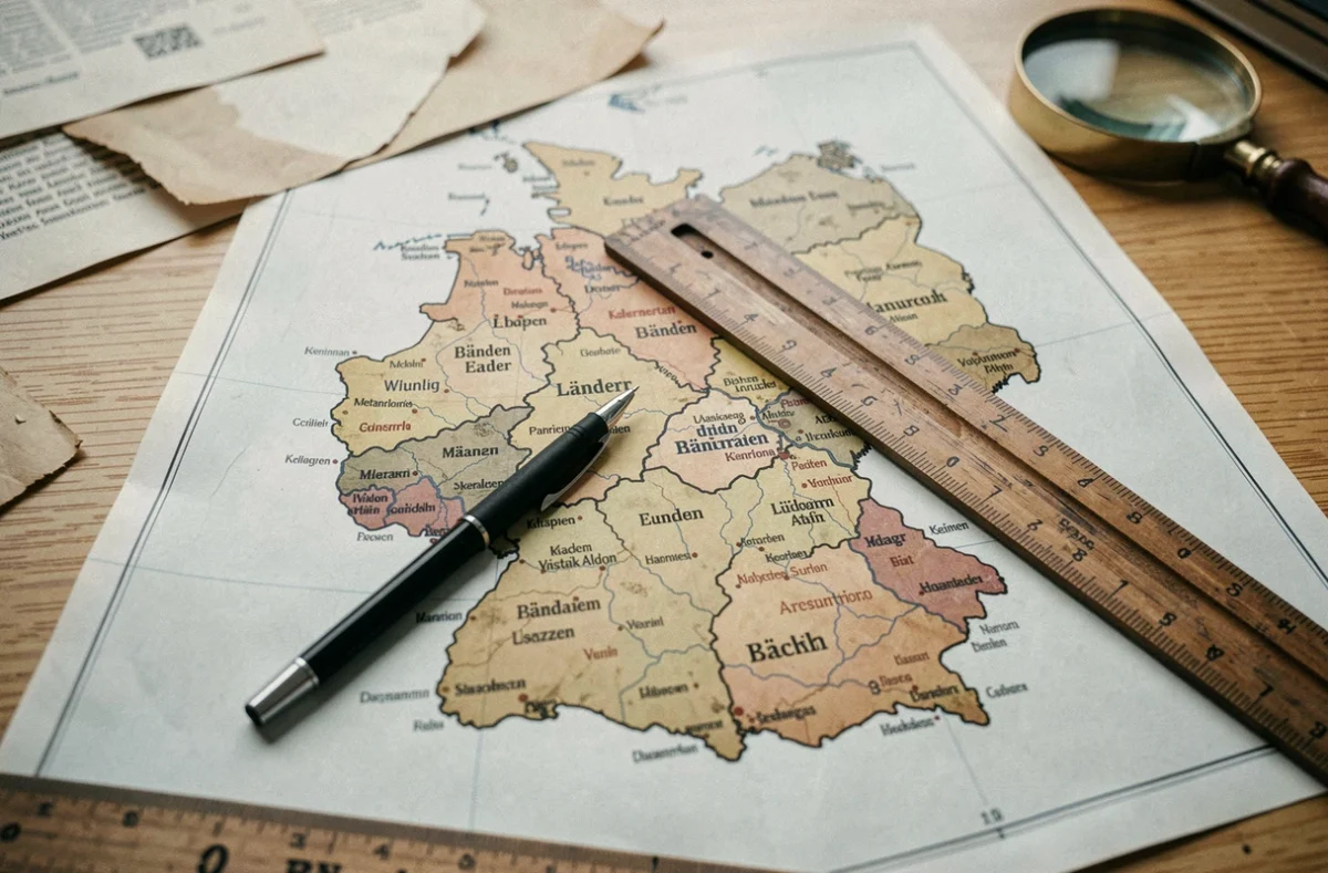 Gros plan sur une carte imprimée de l'Allemagne avec les frontières et noms des Länder, règle en bois et stylo posés dessus sur un bureau en chêne