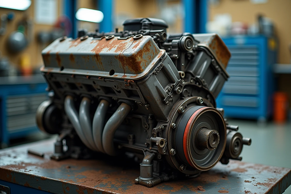 Gros plan d'un moteur de voiture très usé avec rouille et dépôts de boue sur un établi d'atelier