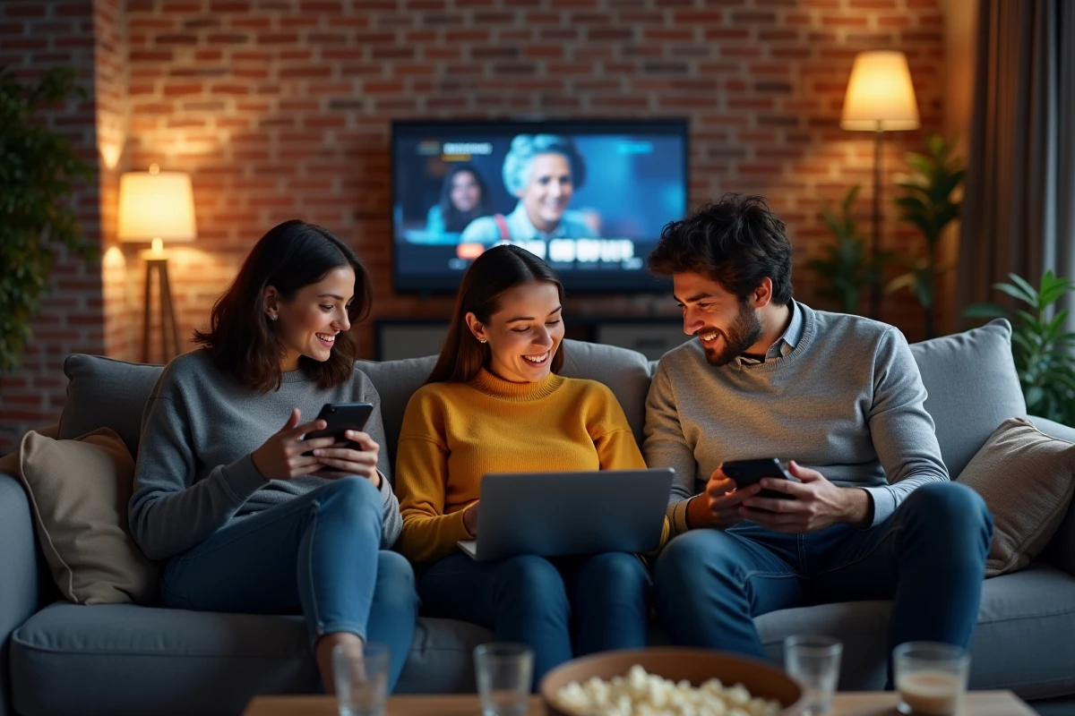 Groupe de jeunes adultes dans un salon débattant d'avis de spectateurs sur leurs appareils numériques après avoir regardé un film