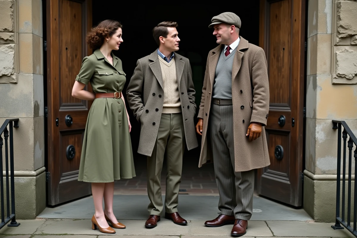 Groupe de trois personnes en tenues civiles authentiques des années 1940 devant un immeuble en pierre, représentant la mode utilitaire de la Seconde Guerre mondiale