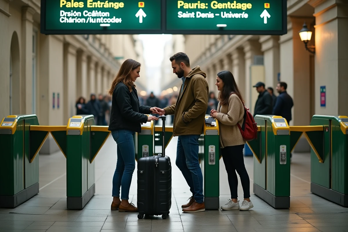 Groupe de nouveaux arrivants passant les tourniquets de la station de métro ligne 13 à Paris avec leurs bagages
