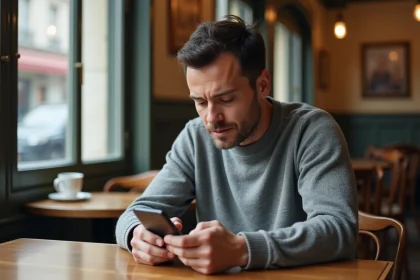 Homme dans un café parisien écrivant un avis spectateur sur son smartphone, ambiance chaleureuse et authentique