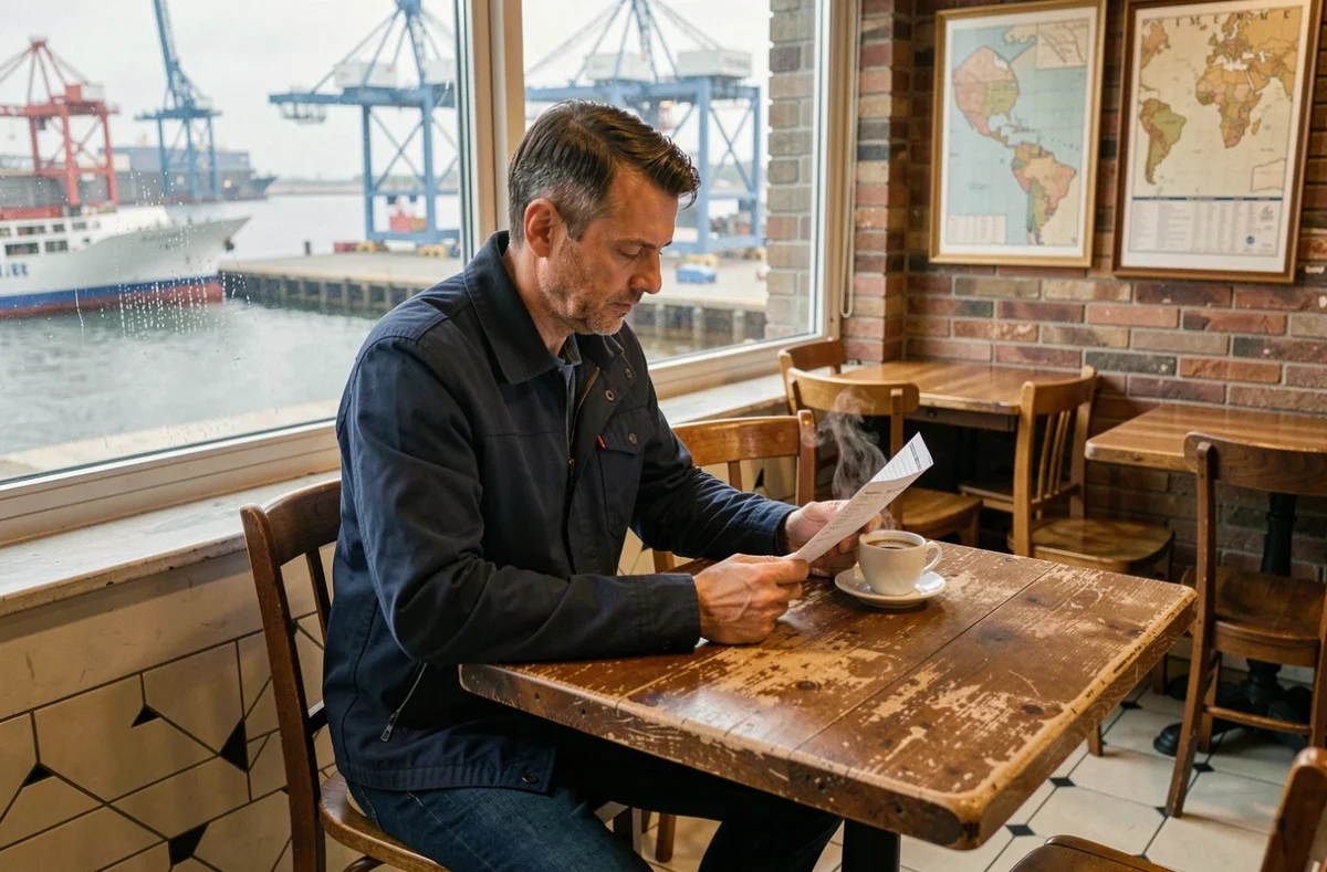 Homme consultant un répertoire de codes postaux dans un café du port de Dunkerque