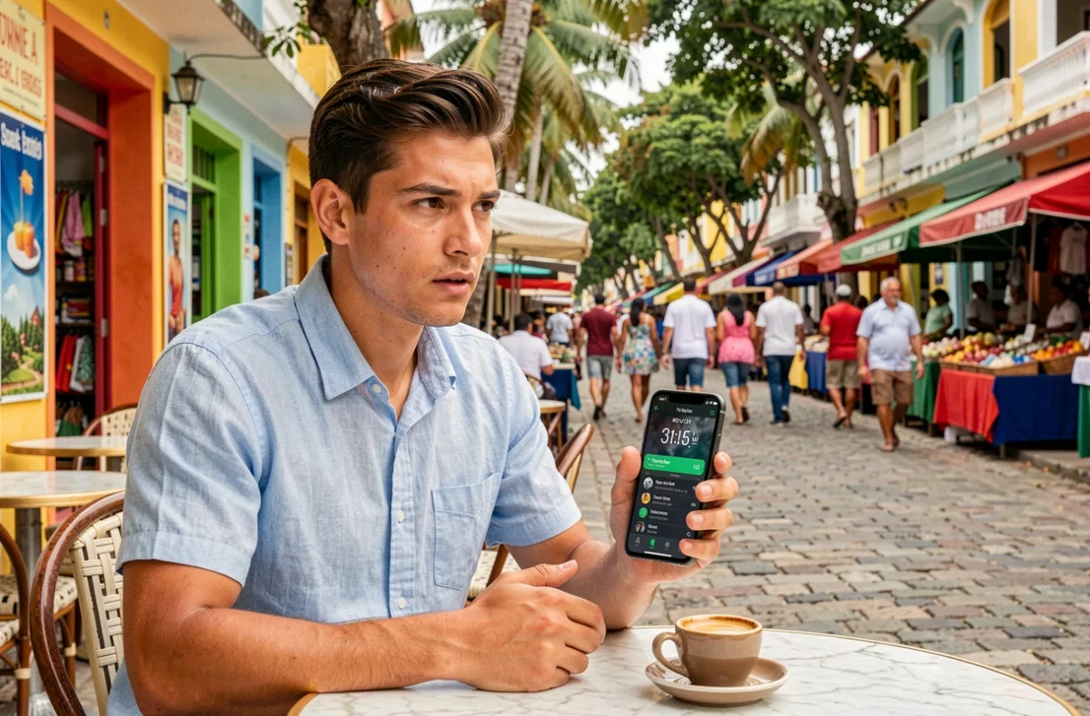 Jeune homme consultant un fuseau horaire sur smartphone dans un café en plein air à Pointe-à-Pitre en Guadeloupe