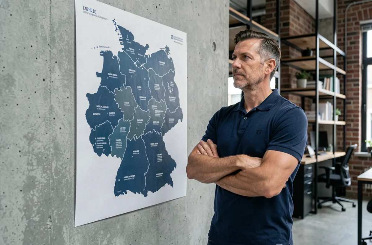 Homme debout devant une grande carte murale de l'Allemagne montrant les régions et les Länder dans un espace de coworking moderne