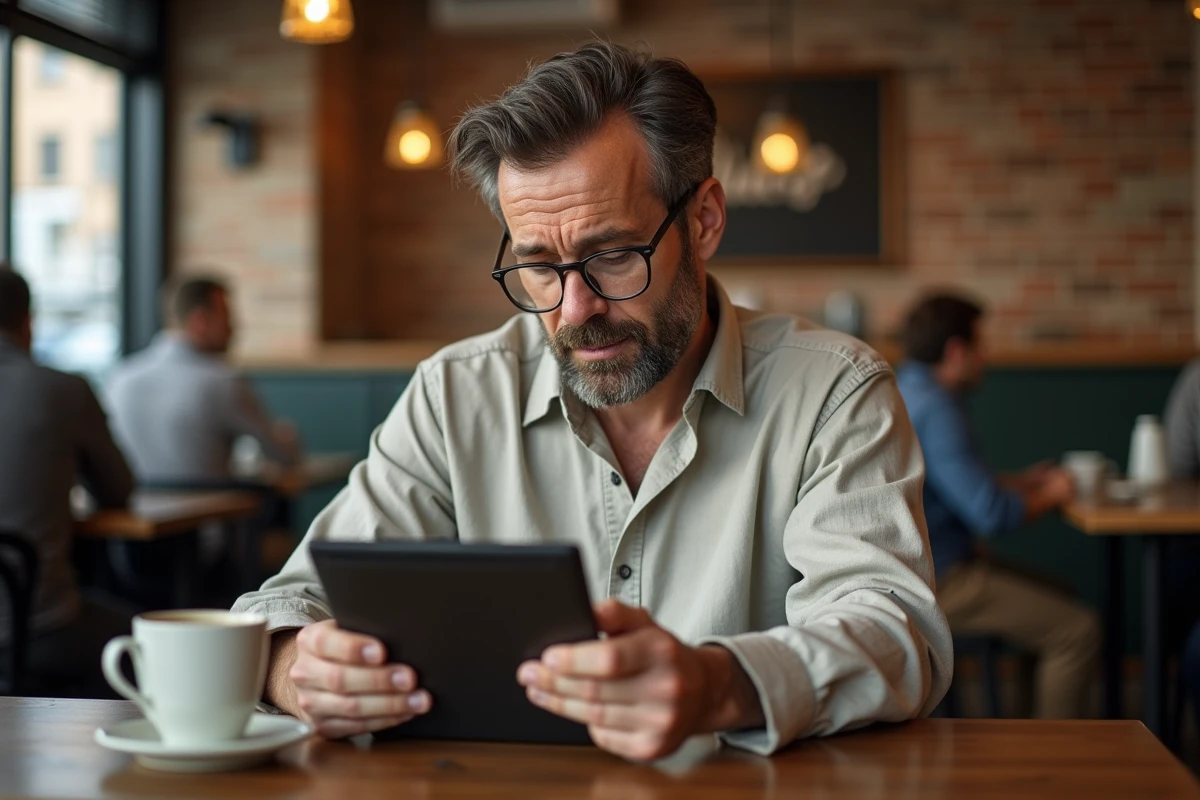 Homme avec tablette comparant des traductions générées par ChatGPT dans un café urbain avec texte en français et en anglais