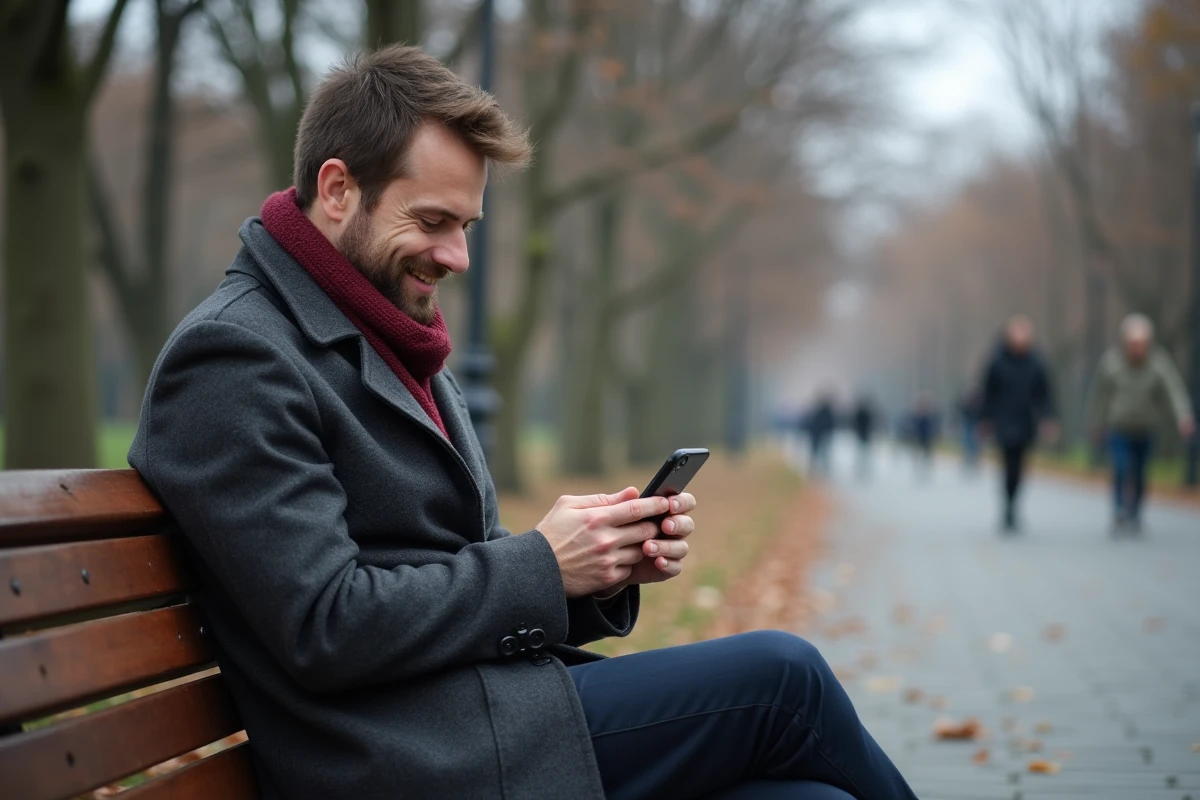Homme cherchant les mots pour la Saint-Valentin sur son téléphone dans un parc en automne