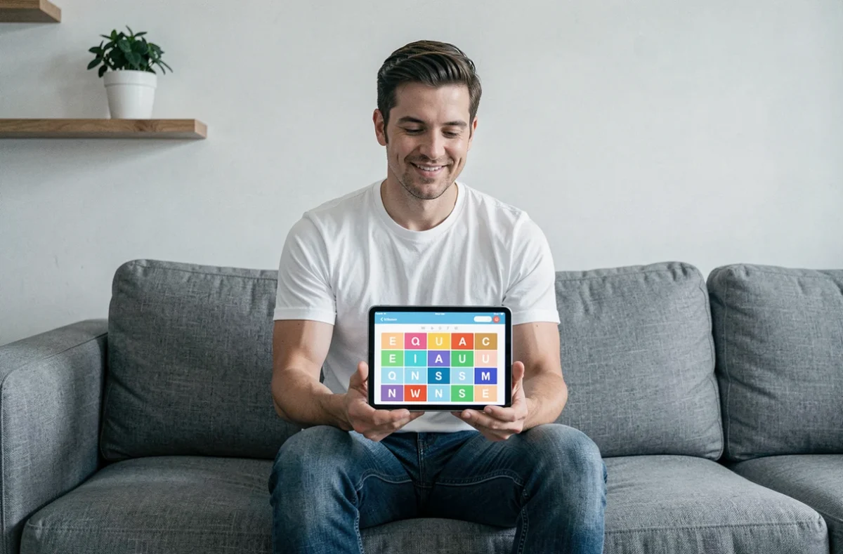 Homme sur canapé résolvant une grille CodyCross sur tablette dans salon minimaliste