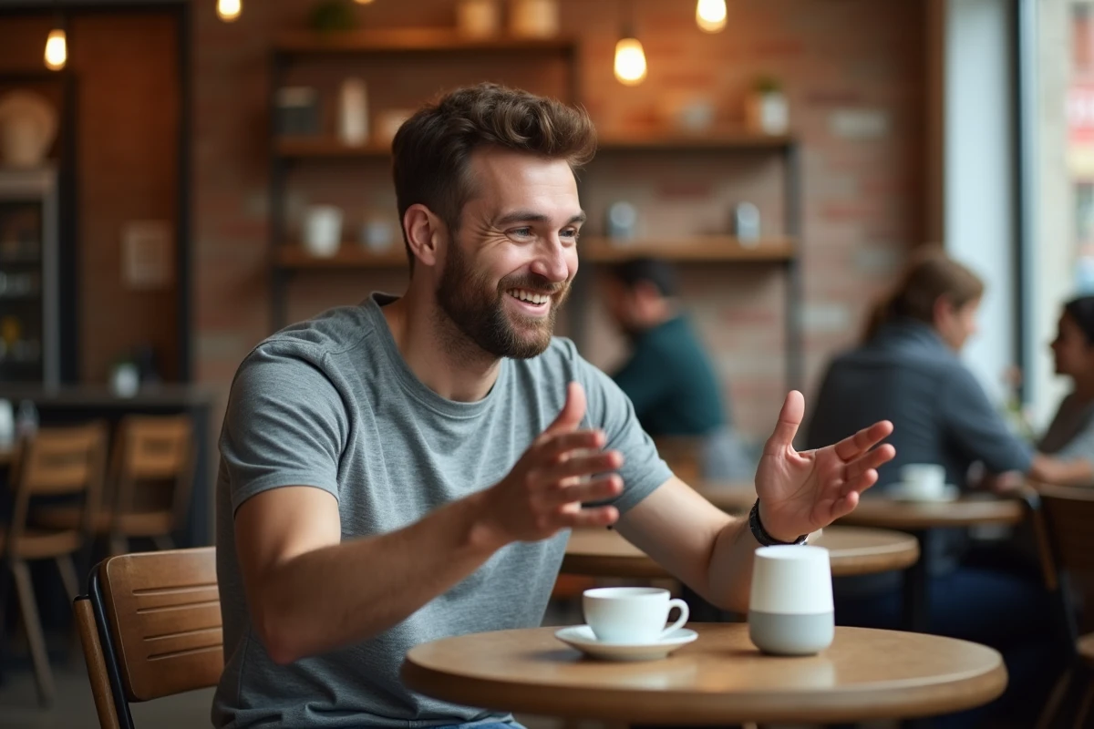 Un homme en conversation animée avec un assistant vocal IA dans un café, illustrant la différence entre émotion humaine et machine