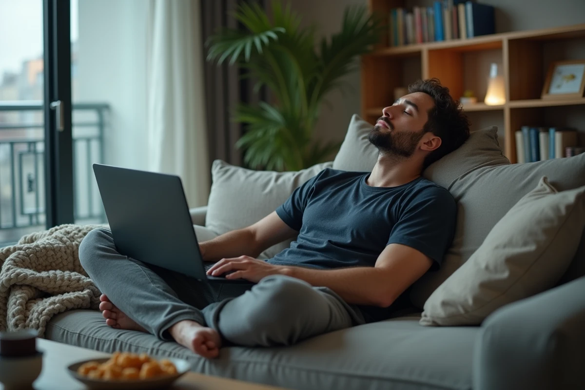 Homme démotivé au télétravail allongé sur un canapé avec un ordinateur portable, incapable de se concentrer