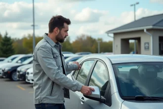 Homme examinant une voiture d'occasion dans un lot de concessionnaire automobile avec des étiquettes de prix visibles
