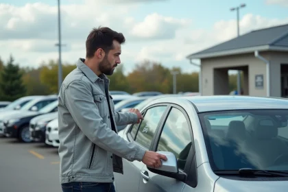 Homme examinant une voiture d'occasion dans un lot de concessionnaire automobile avec des étiquettes de prix visibles