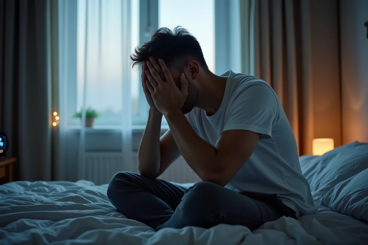 Homme épuisé assis au bord du lit le matin, les mains sur le visage après une nuit de sommeil non réparateur