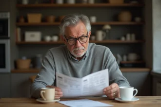 Homme inquiet consultant un relevé bancaire à une table de cuisine, illustrant la crainte que l'État puisse saisir les économies des particuliers