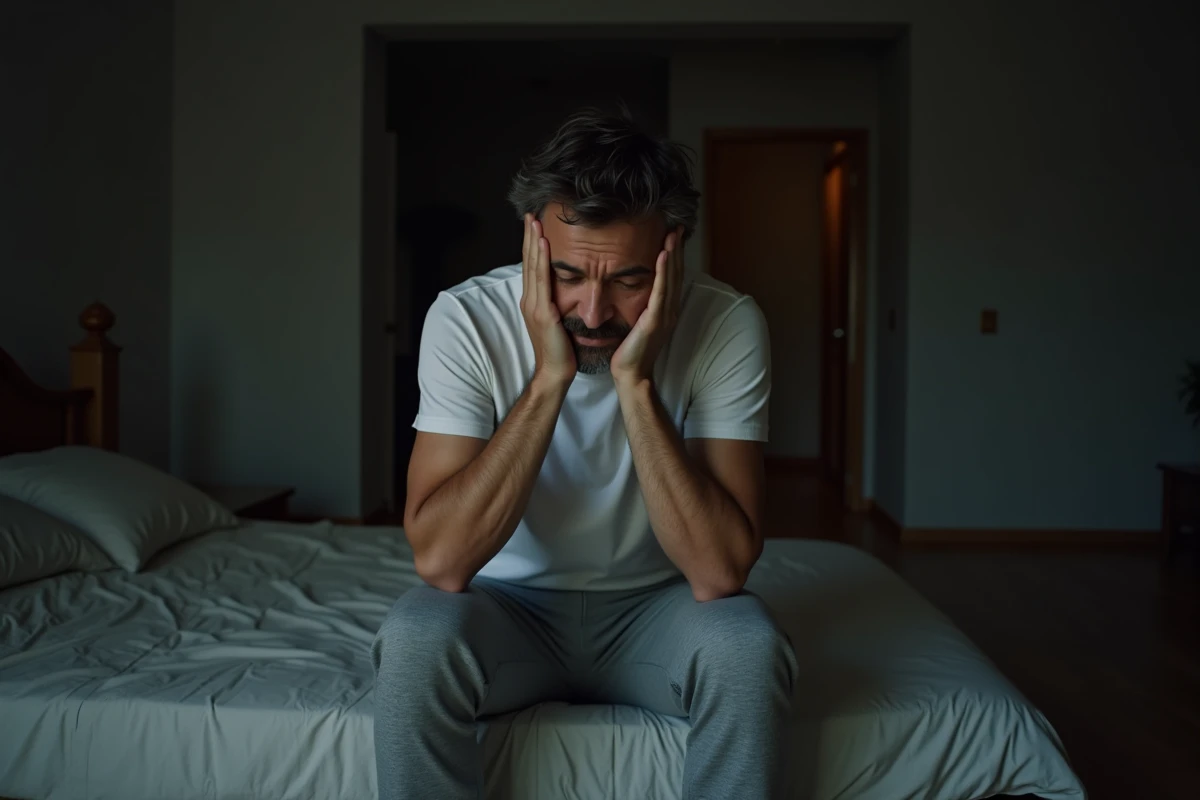 Homme assis au bord du lit la nuit, les mains sur les tempes, souffrant d'insomnie et d'agitation mentale nocturne