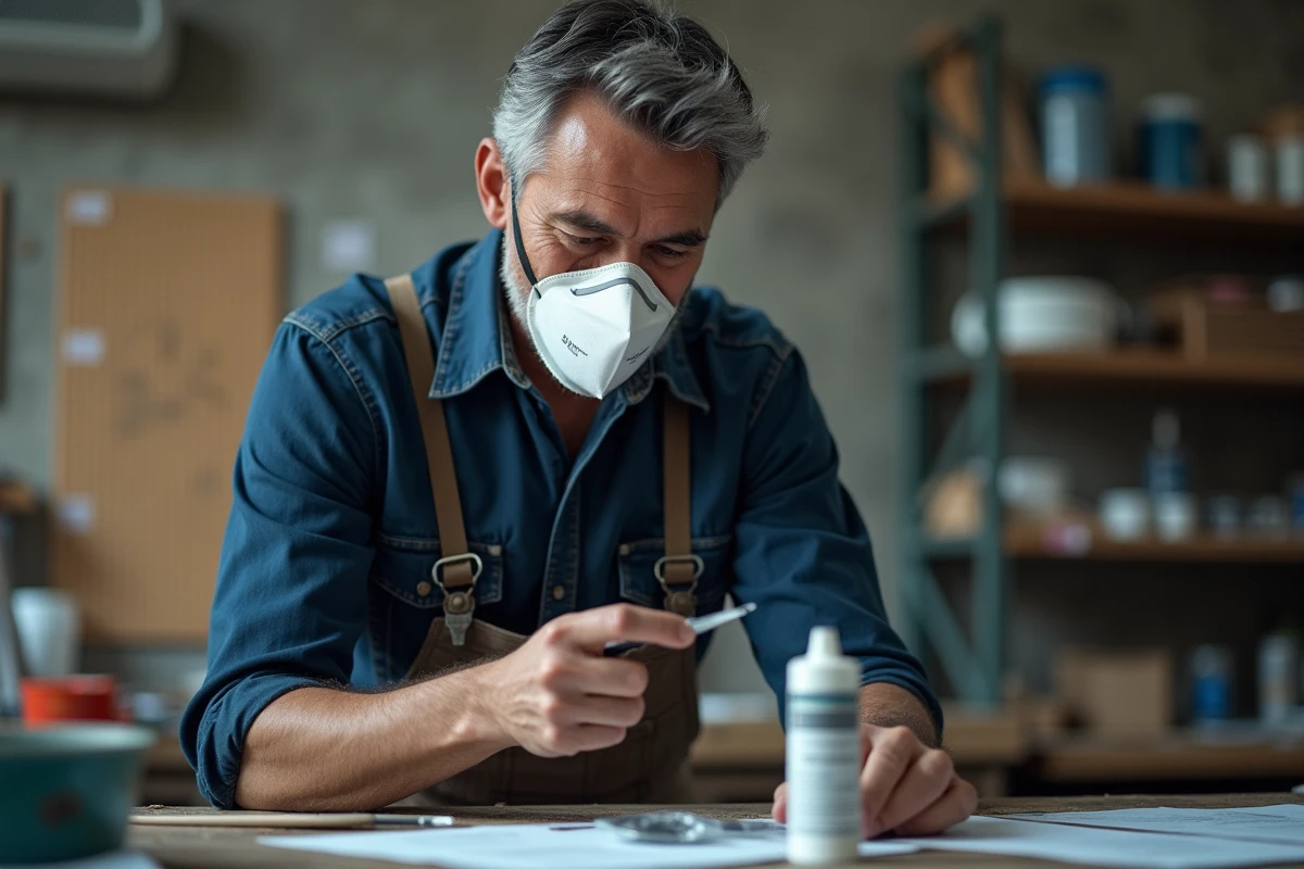 Homme lisant l'étiquette d'un tube de peinture acrylique dans un atelier, avec un masque respiratoire autour du cou, questionnant la toxicité du produit