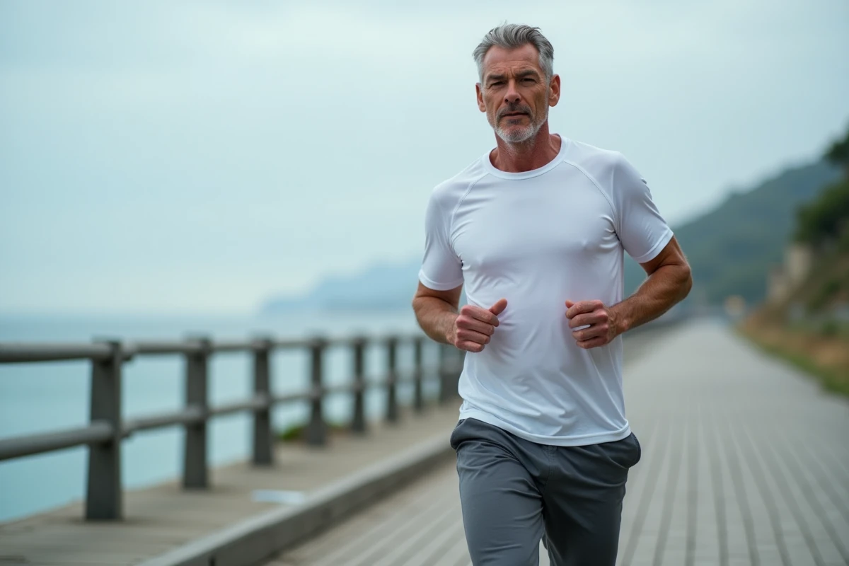 Homme marchant en bord de mer en engageant ses abdominaux pour raffermir son ventre