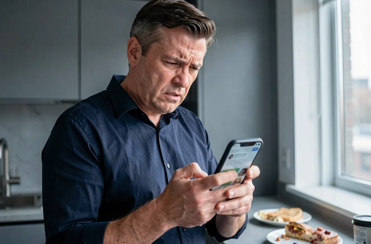 Homme mécontent lisant des avis négatifs sur son smartphone dans une cuisine moderne