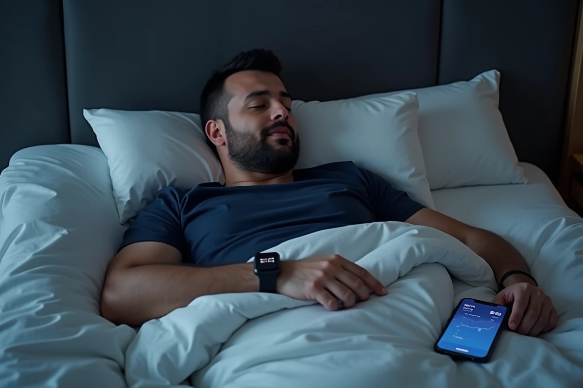 Homme endormi avec une montre connectée mesurant les cycles de sommeil paradoxal dans une chambre moderne