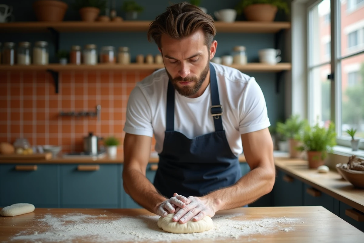 Homme faisant du pain dans sa cuisine pour s'occuper pendant l'ennui à la maison