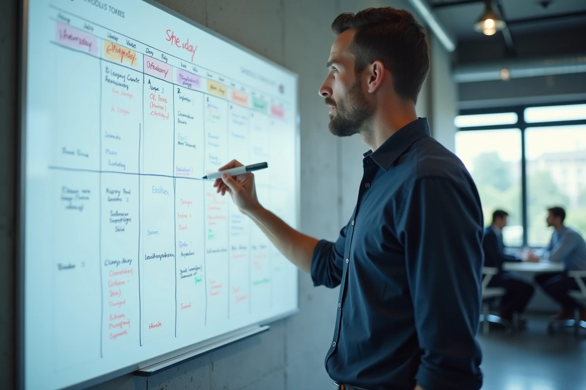 Homme d'affaires debout devant un tableau blanc inscrivant un planning hebdomadaire dans un bureau en open space