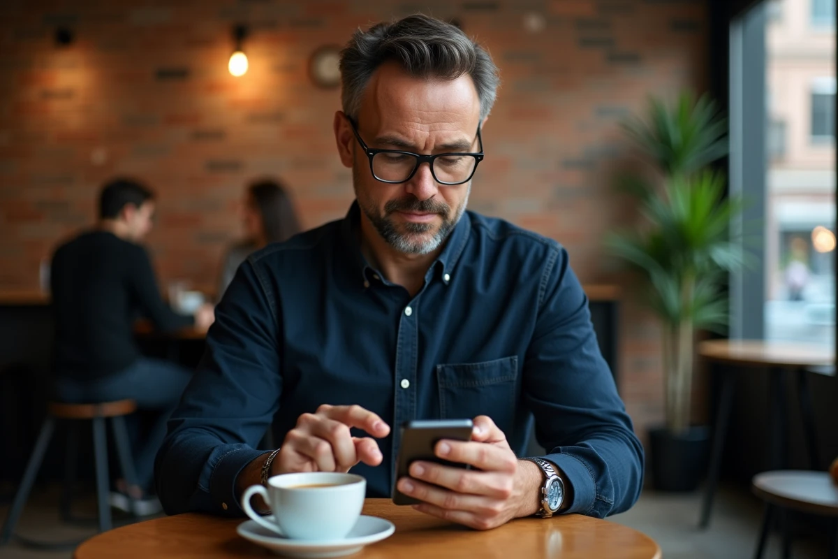 Homme configurant les réglages de messagerie vocale Free Mobile dans un café urbain