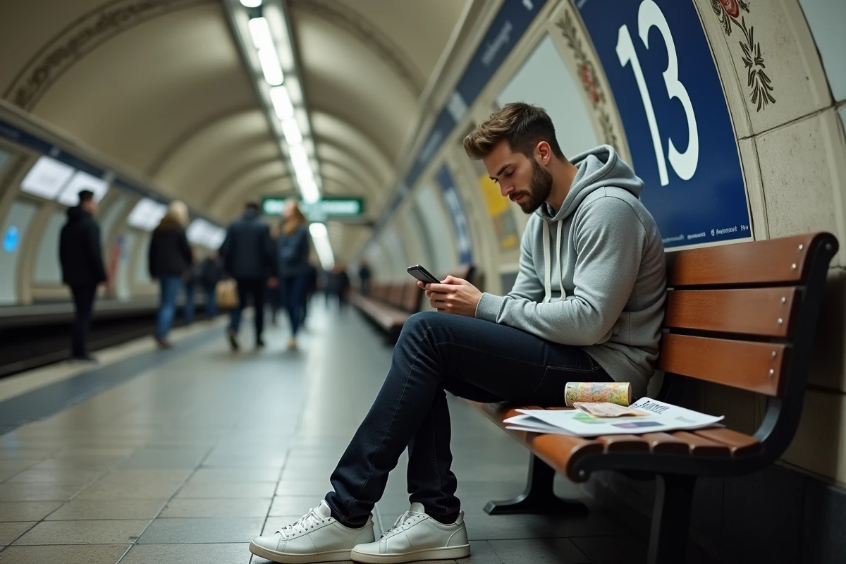Homme assis sur un banc de la station ligne 13 consultant son téléphone avec une carte de métro papier