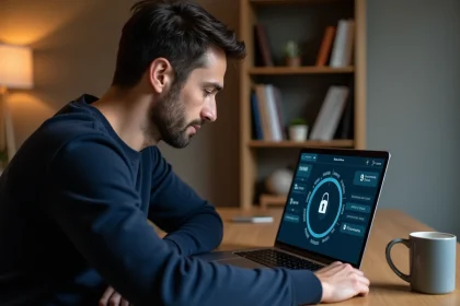 Homme utilisant un VPN sur son ordinateur portable pour analyser la sécurité et détecter des virus