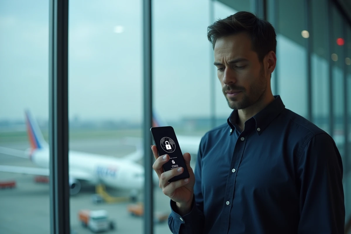 Homme connectant un VPN sur son smartphone dans un terminal d'aéroport international