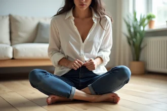 Femme mal à l'aise dans un jean trop serré, tirant sur la ceinture, assise sur un plancher en bois dans un intérieur scandinave minimaliste