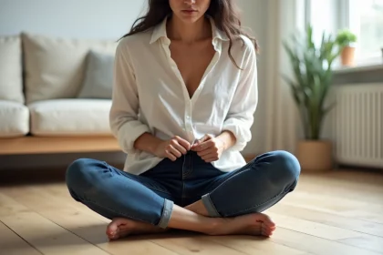 Femme mal à l'aise dans un jean trop serré, tirant sur la ceinture, assise sur un plancher en bois dans un intérieur scandinave minimaliste