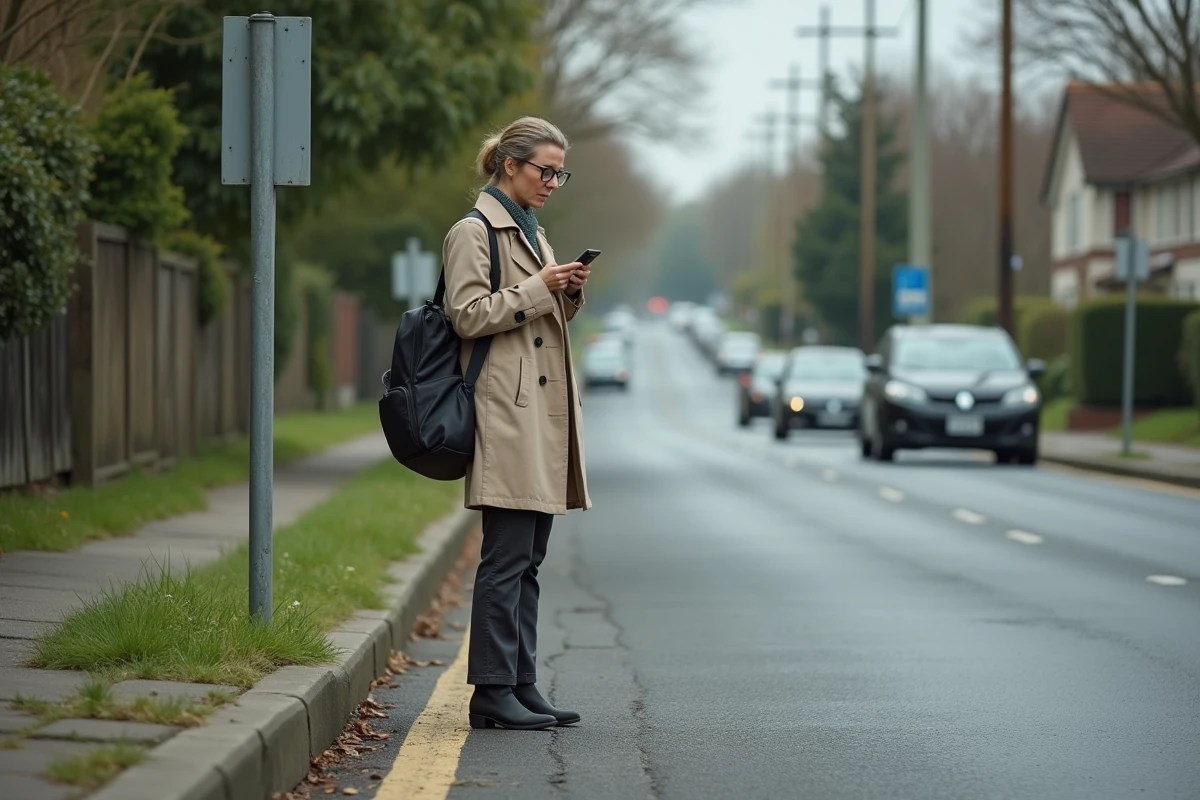 Femme seule attendant un covoiturage à un point de rendez-vous en bord de route avec une valise