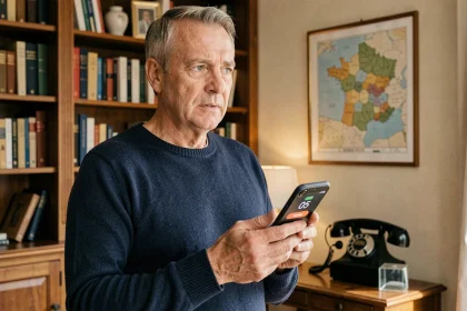 Homme tenant un smartphone affichant un indicatif téléphonique 05 dans un salon français décoré avec une carte de France