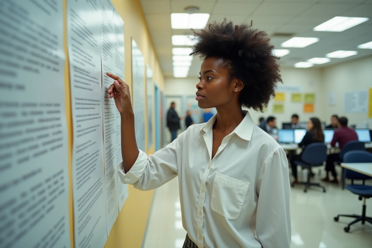 Jeune femme consultant un tableau d'offres d'emploi dans une agence pour l'emploi, symbole de la recherche d'opportunités économiques