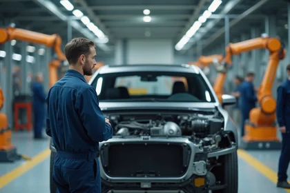 Ingénieur automobile inspectant un véhicule en cours d'assemblage sur une ligne de production industrielle moderne