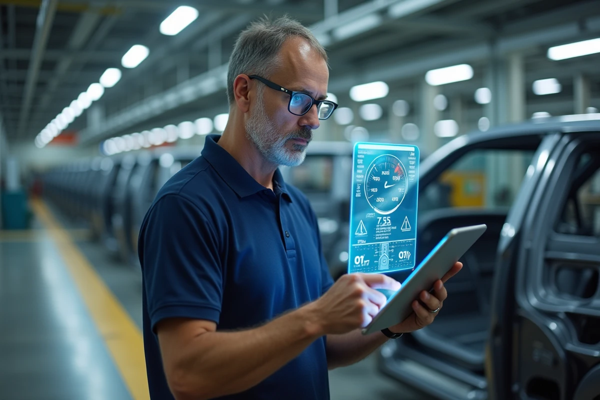 Ingénieur automobile analysant des données numériques dans une usine de fabrication connectée