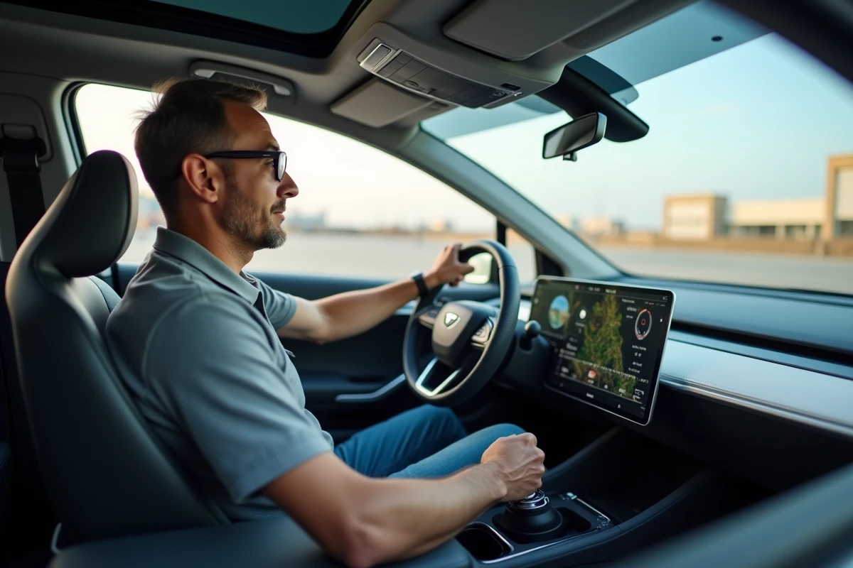 Ingénieur automobile analysant les données d'un véhicule autonome prototype, assis dans l'habitacle avec écrans de navigation avancés