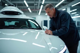 Ingénieur automobile examinant les capteurs LiDAR d'une voiture autonome dans un laboratoire de recherche high-tech