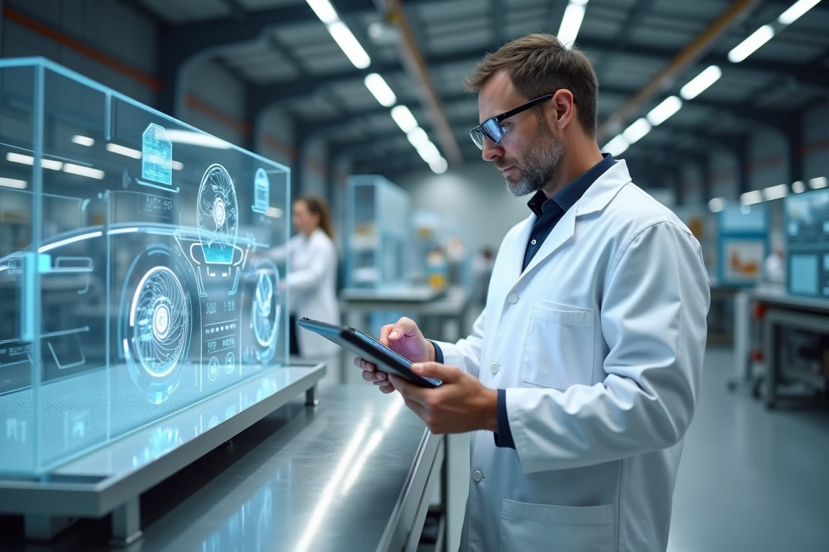Ingénieur automobile analysant un prototype de tableau de bord intelligent dans un laboratoire high-tech