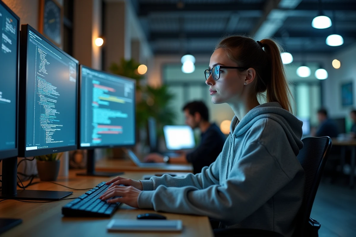 Ingénieure en intelligence artificielle développant des algorithmes de conduite autonome sur des écrans de code dans un bureau tech