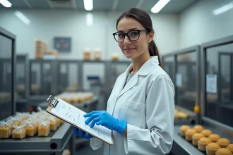 Inspectrice en sécurité alimentaire contrôlant une liste de conformité ISO 22000 dans une usine de transformation des aliments