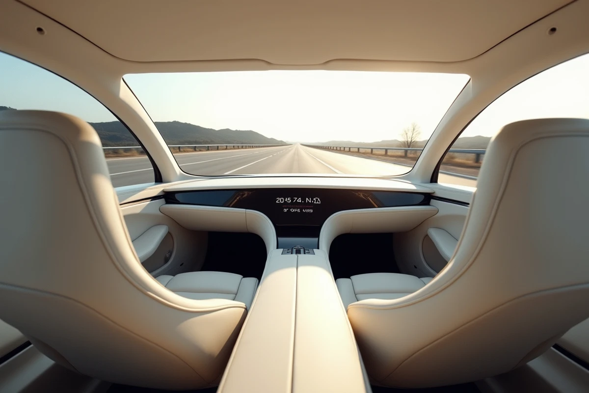 Intérieur minimaliste d'une voiture autonome futuriste avec écrans numériques et sièges en cuir crème