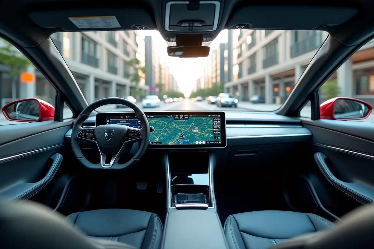 Intérieur d'un véhicule autonome avec écran de navigation IA et système de détection d'objets en temps réel